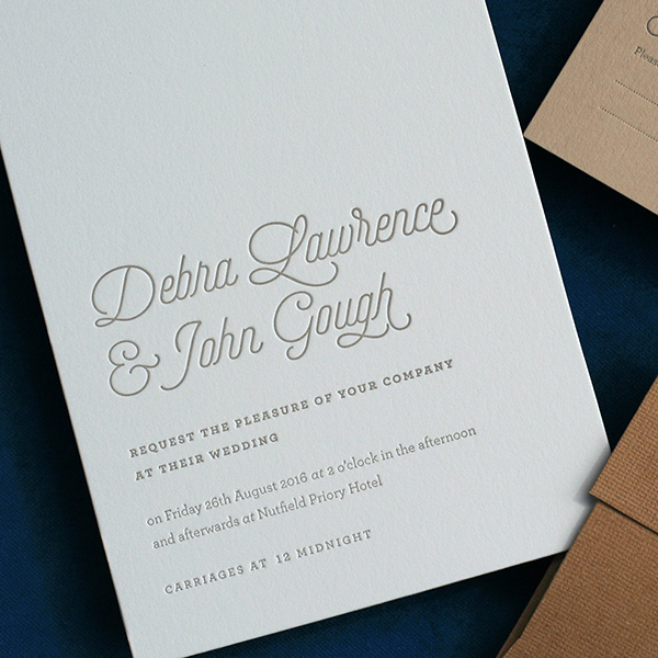 Bespoke Letterpress Wedding Invitation Set - Main Invitation, Details Card, RSVP and custom made envelopes