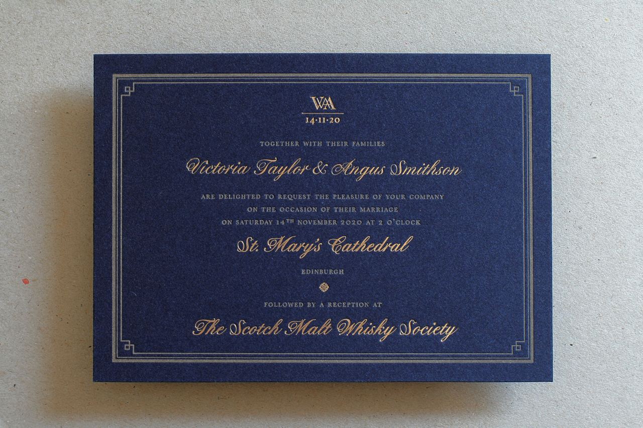 Letterpress and Foil Wedding Invitations - Exquisite opaque white letterpress and foil on Gmund Navy cotton