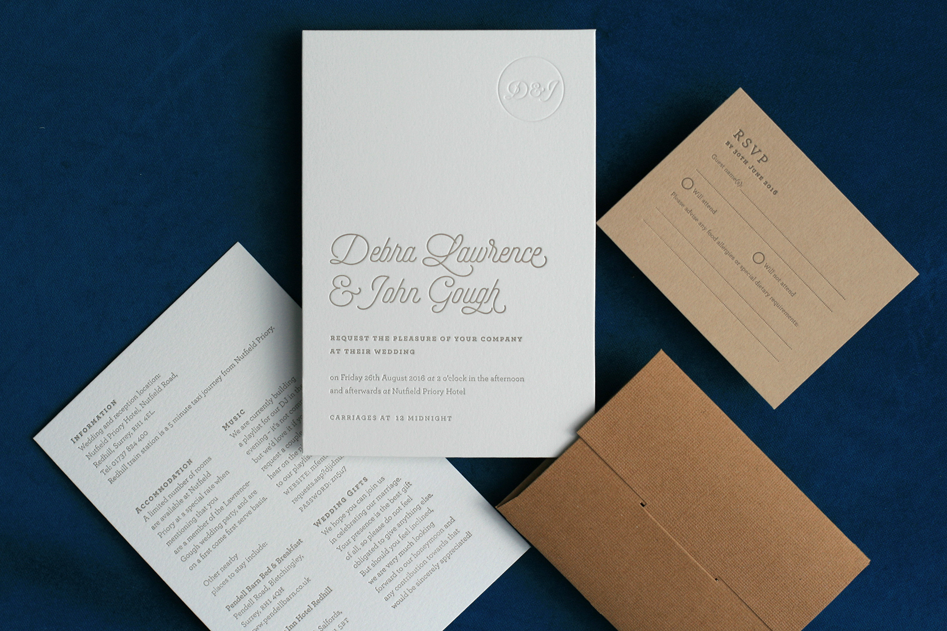 Letterpress Wedding Invitation Set - Main Invitation, Details Card, RSVP and custom made envelopes